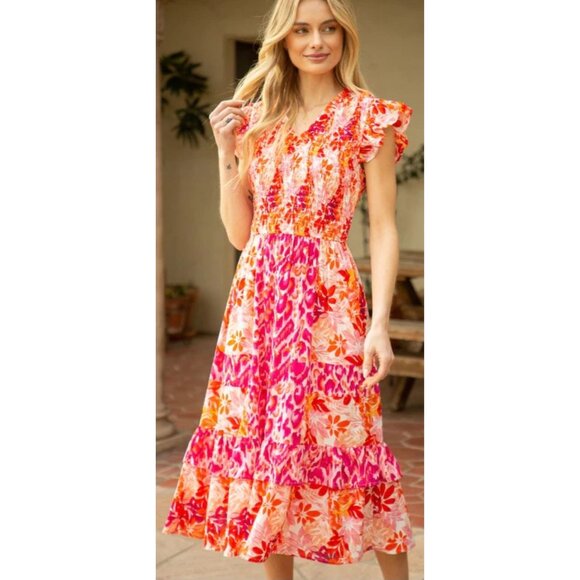 Voy Dresses & Skirts - NWT Voy Pink/Orange Floral Smocked Midi Dress With Ruffled Sleeves~SMALL